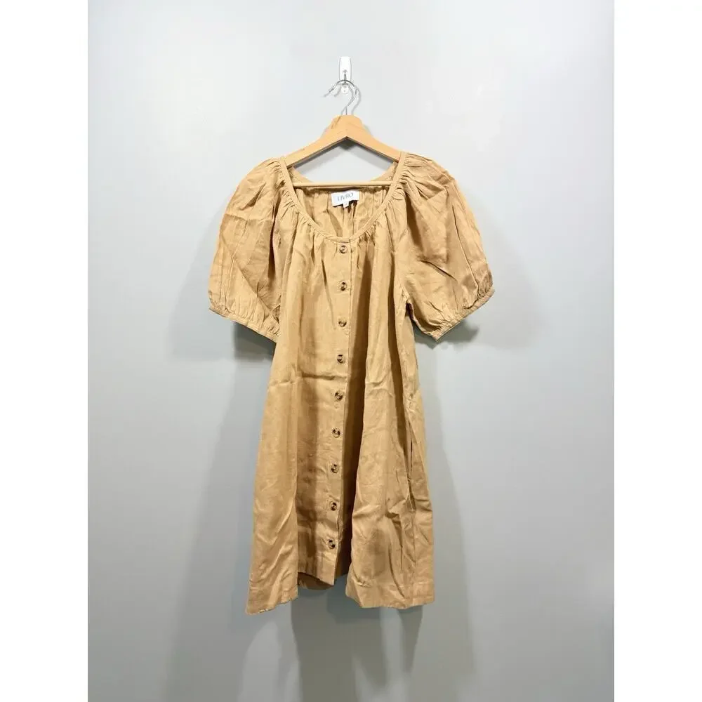 LIVRO Camel 100% Linen Round Neck Button Front Puff Sleeve Shift Dress size XS